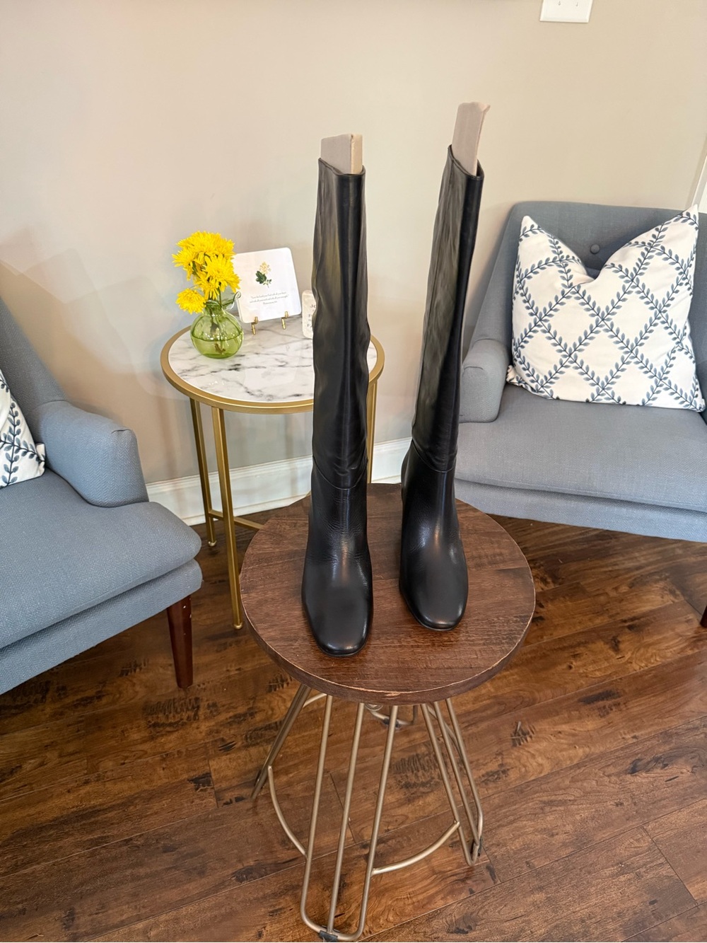 J. Crew Black Leather Tall Knee Boots with Stacked Heel